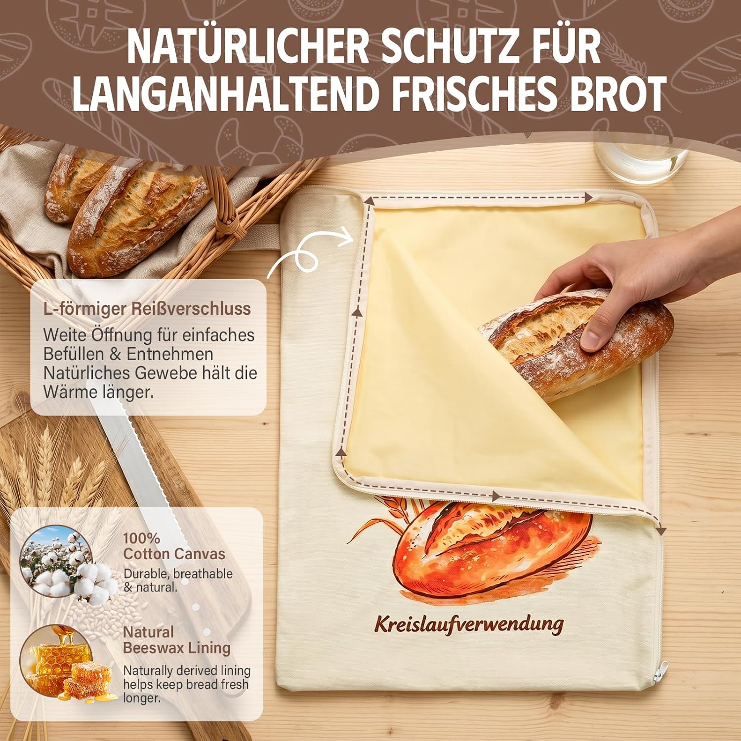 Detalle de 2er-Set Bienenwachs Brotbeutel aus Leinen – wiederverwendbar, 32x43 cm