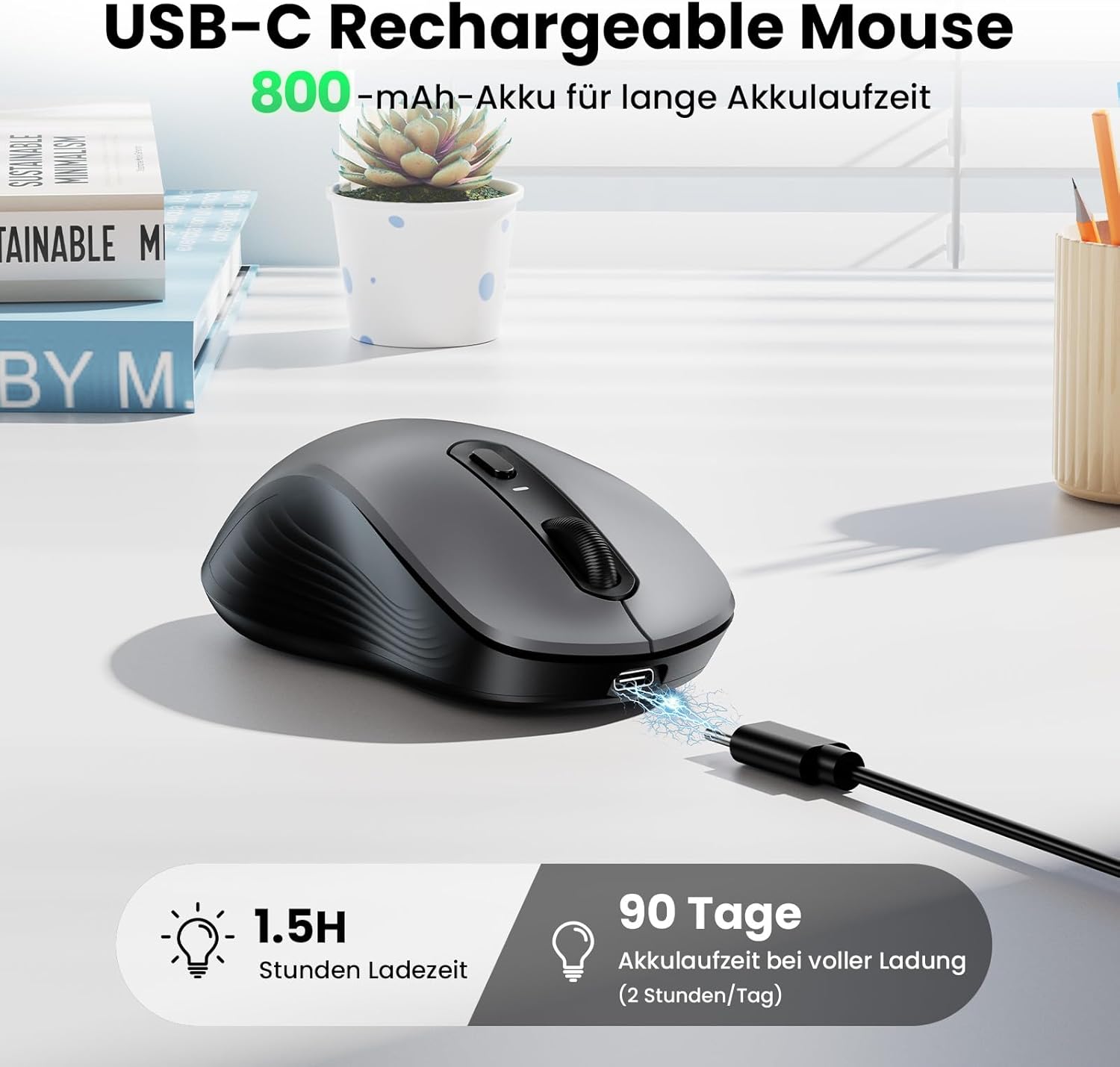 Thumbnail 2 de TECKNET Bluetooth Maus – kabellos, wiederaufladbar, 4800 DPI, leise Klicks, Bluetooth 5.0/3.0 + 2,4 GHz