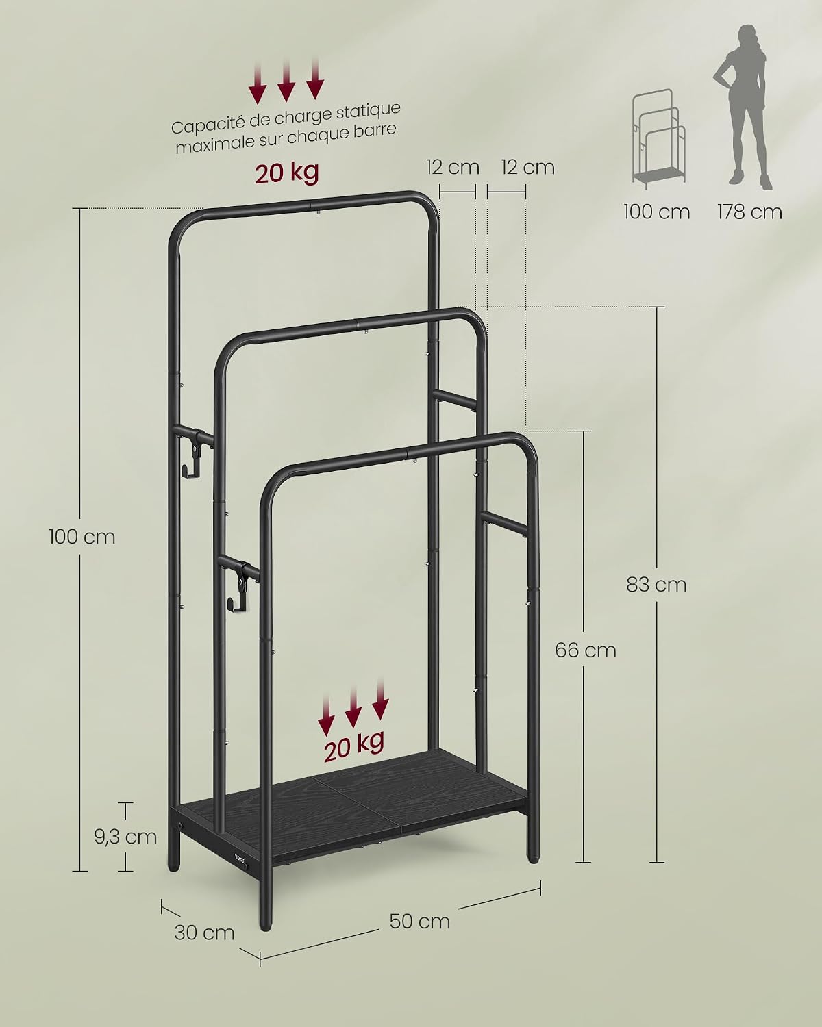 Detalle de VASAGLE LLS009B01 Porte-serviettes sur pied avec 3 barres et étagère de rangement pour salle de bain