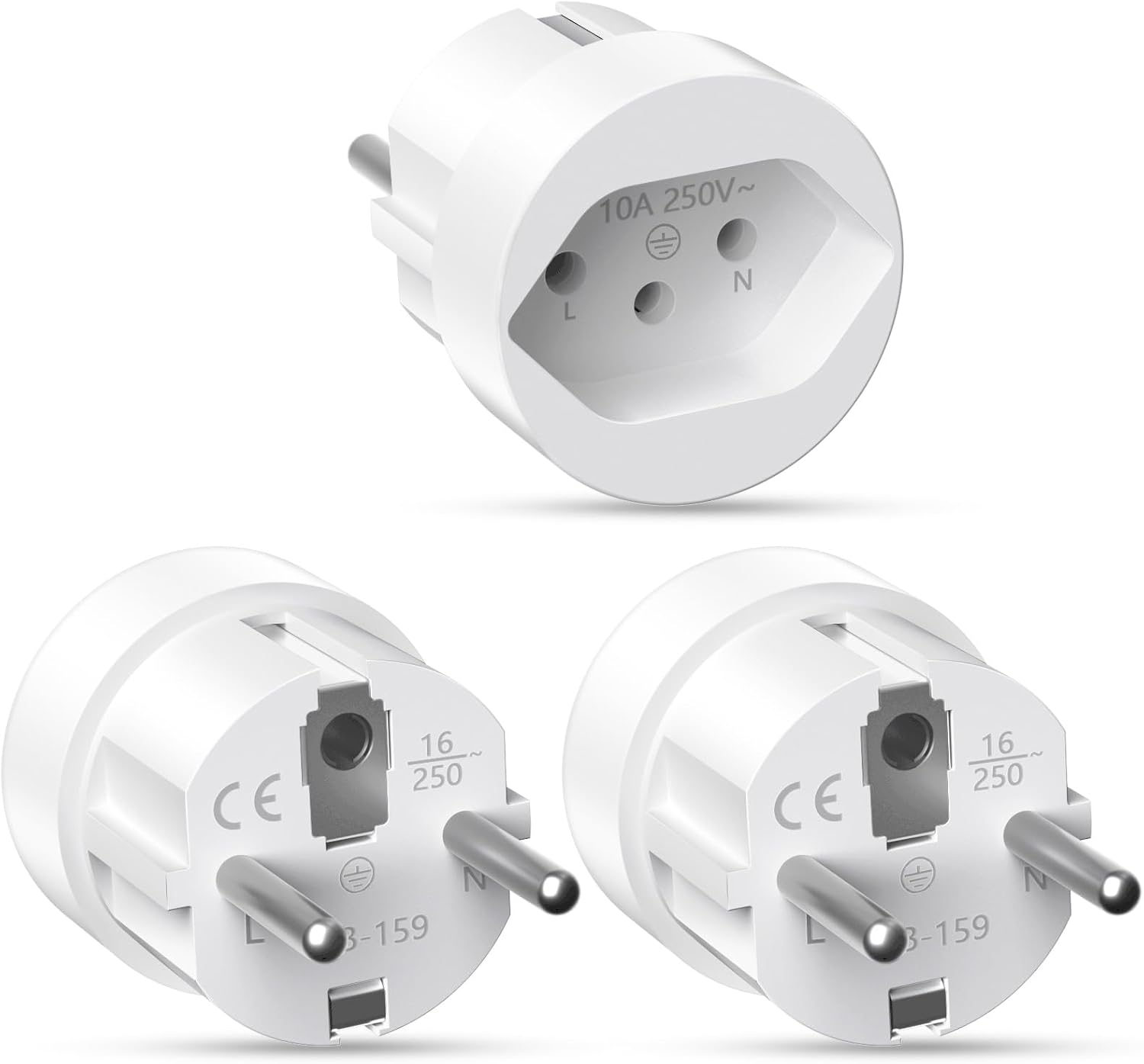 Thumbnail 6 de 3er Set Reiseadapter Schweiz auf Deutschland/Frankreich (Typ J zu Schuko, EU) – für Steckdosenadapter, weiß