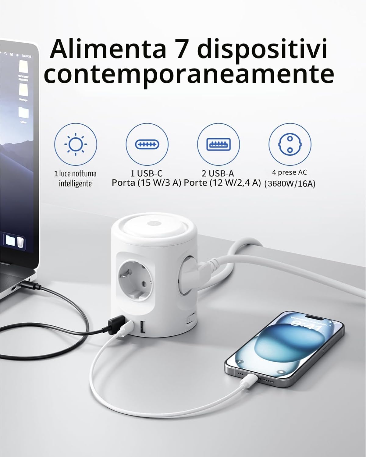 Detalle de 3M Ciabatta multipresa con luce, 4 prese e 3 USB (USB-C + USB-A) con interruttore, 16A, cavo 3 metri