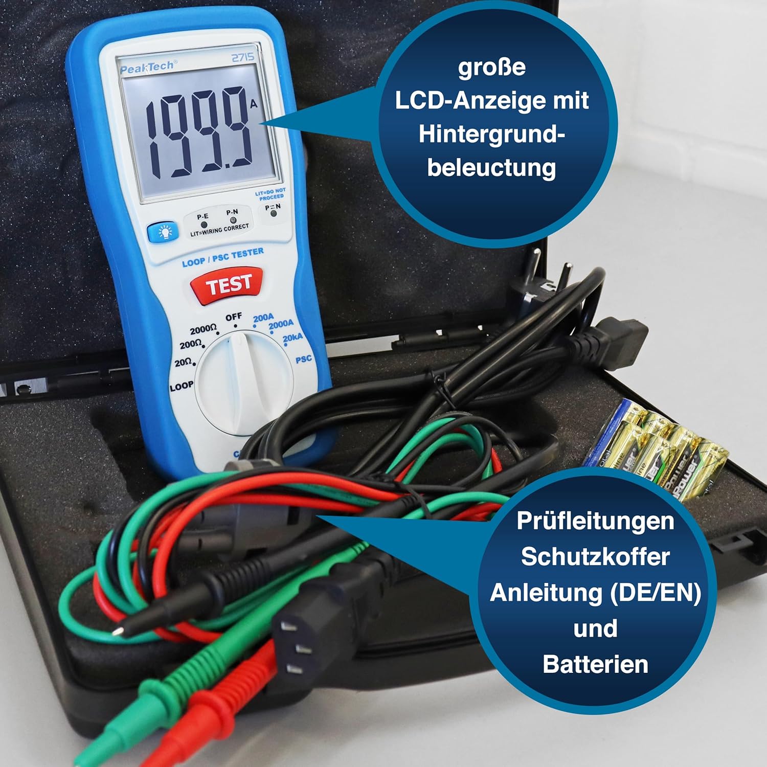 Detalle de PeakTech P 2715 – Digitaler PSC-Schleifentester mit LCD-Display
