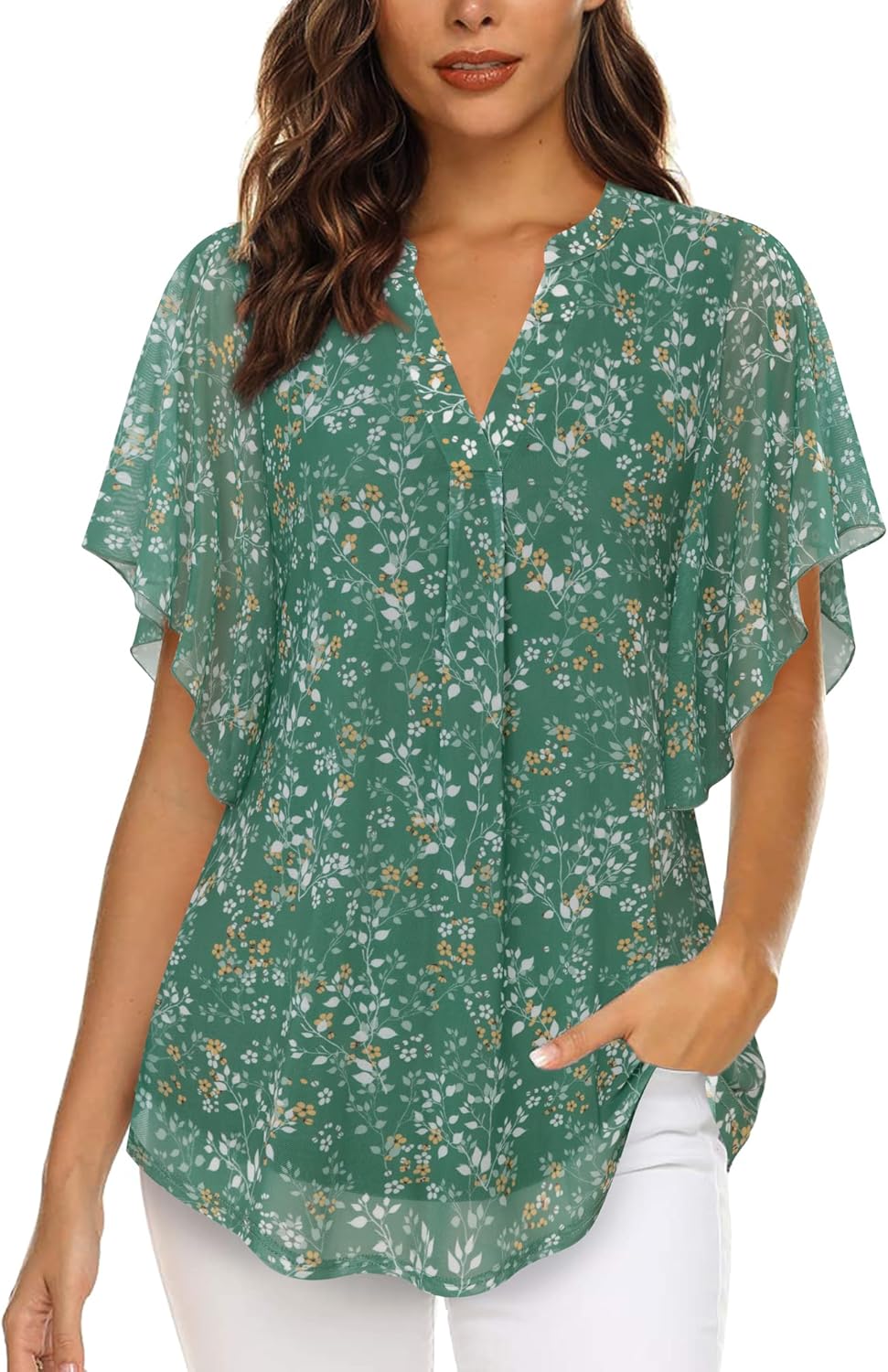 Detalle de Timeson Women’s Short Sleeve V-Neck Blouses Floral Double-Layer Mesh Tunic Tops