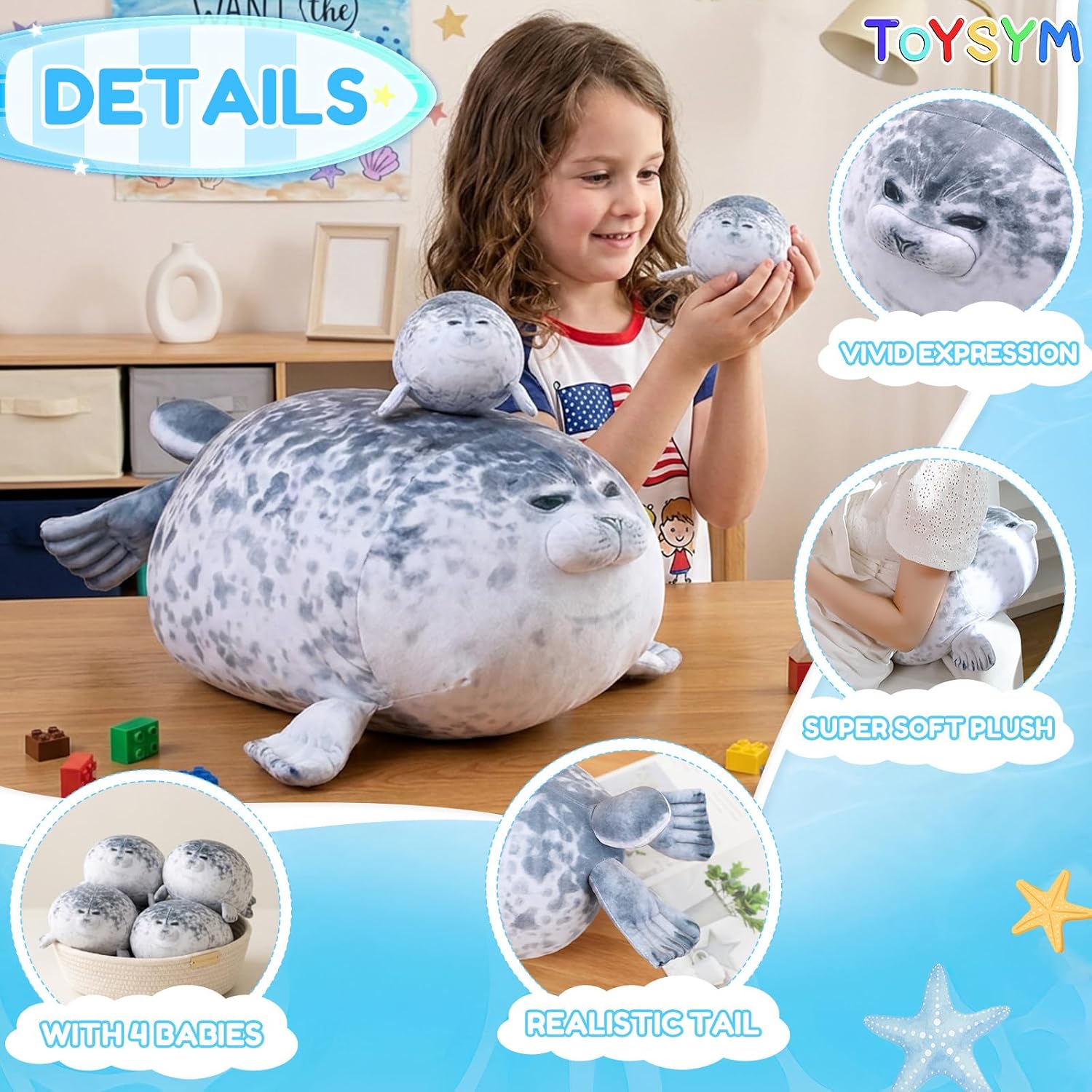 Thumbnail 2 de TOYSYM Chubby Blob Seal Pillow Plush with 4 Removable Baby Seals