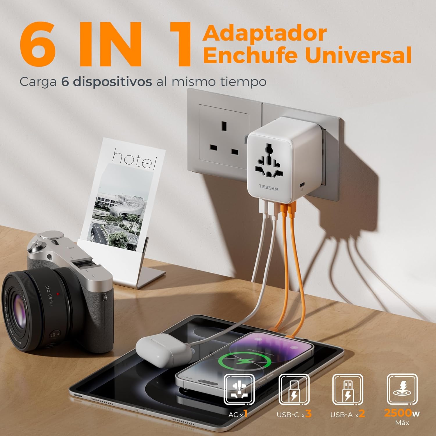Detalle de TESSAN adaptador de enchufe universal para viaje con 2 USB A y 3 USB C (tipo A, C, G e I) para más de 224 países