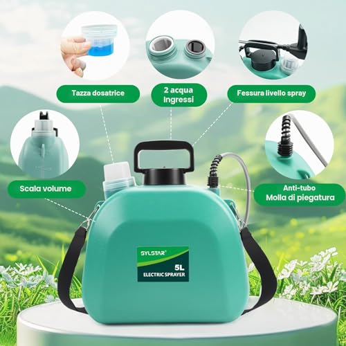 Detalle de SYLSTAR Pompa Irroratrice a Batteria da 5L: 3 velocità, 4 ugelli regolabili e asta telescopica per giardino