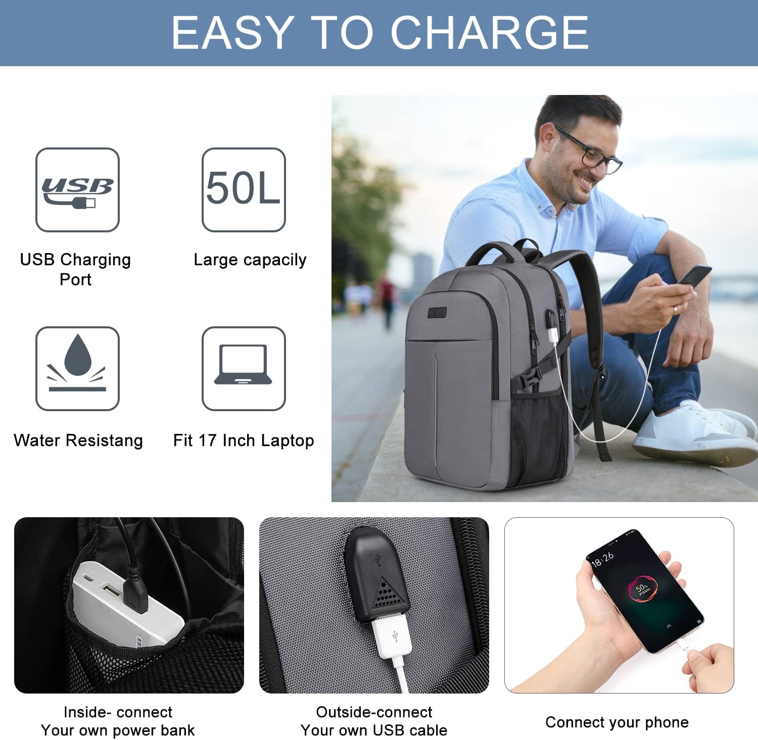 Detalle de Extra Large Rucksack for Men 50L: 17.3-Inch Travel Laptop Backpack with USB Port and Anti-Theft Design