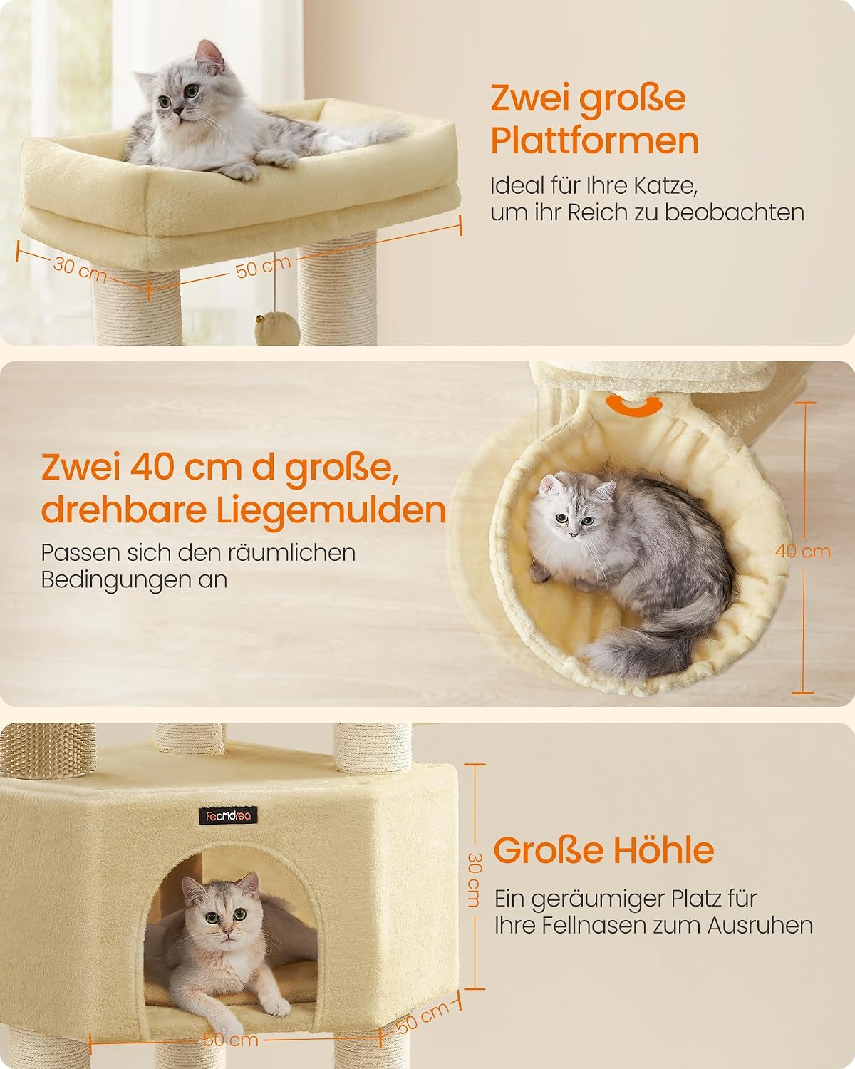 Detalle de Feandrea Kratzbaum PCT003Y01 mit warmen Decken, 50 x 50 x 160 cm und 2 Katzenbürsten