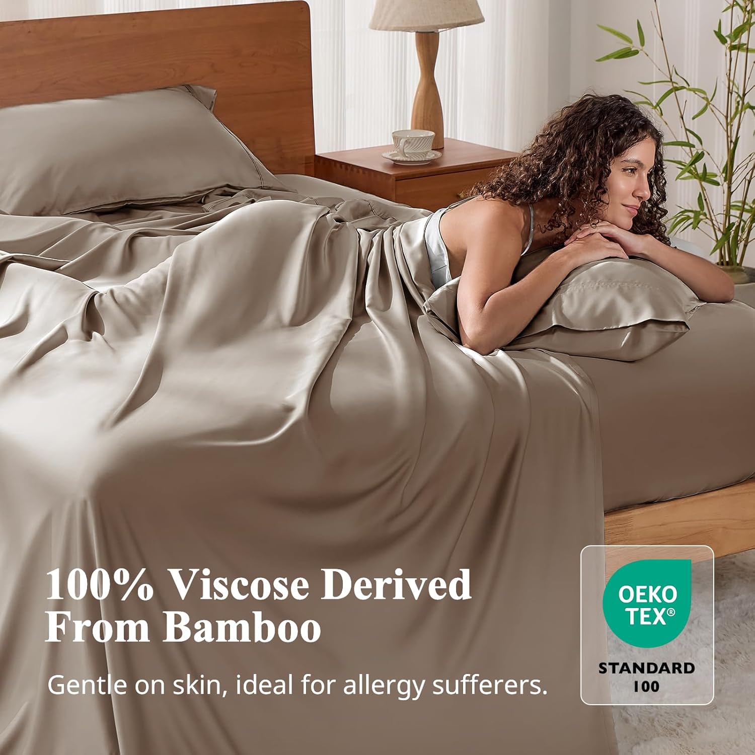 Thumbnail 1 de KRIMANO King Size Bamboo Viscose Sheet Set (4 pcs) – 100% Bamboo-Derived, Deep Pocket up to 17", Taupe