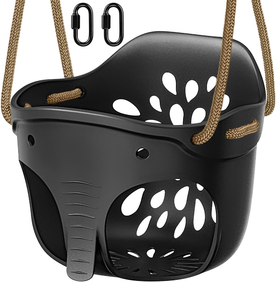 SELEWARE Heavy-Duty High Back Full Bucket Toddler Swing Seat (Black) with locking carabiners