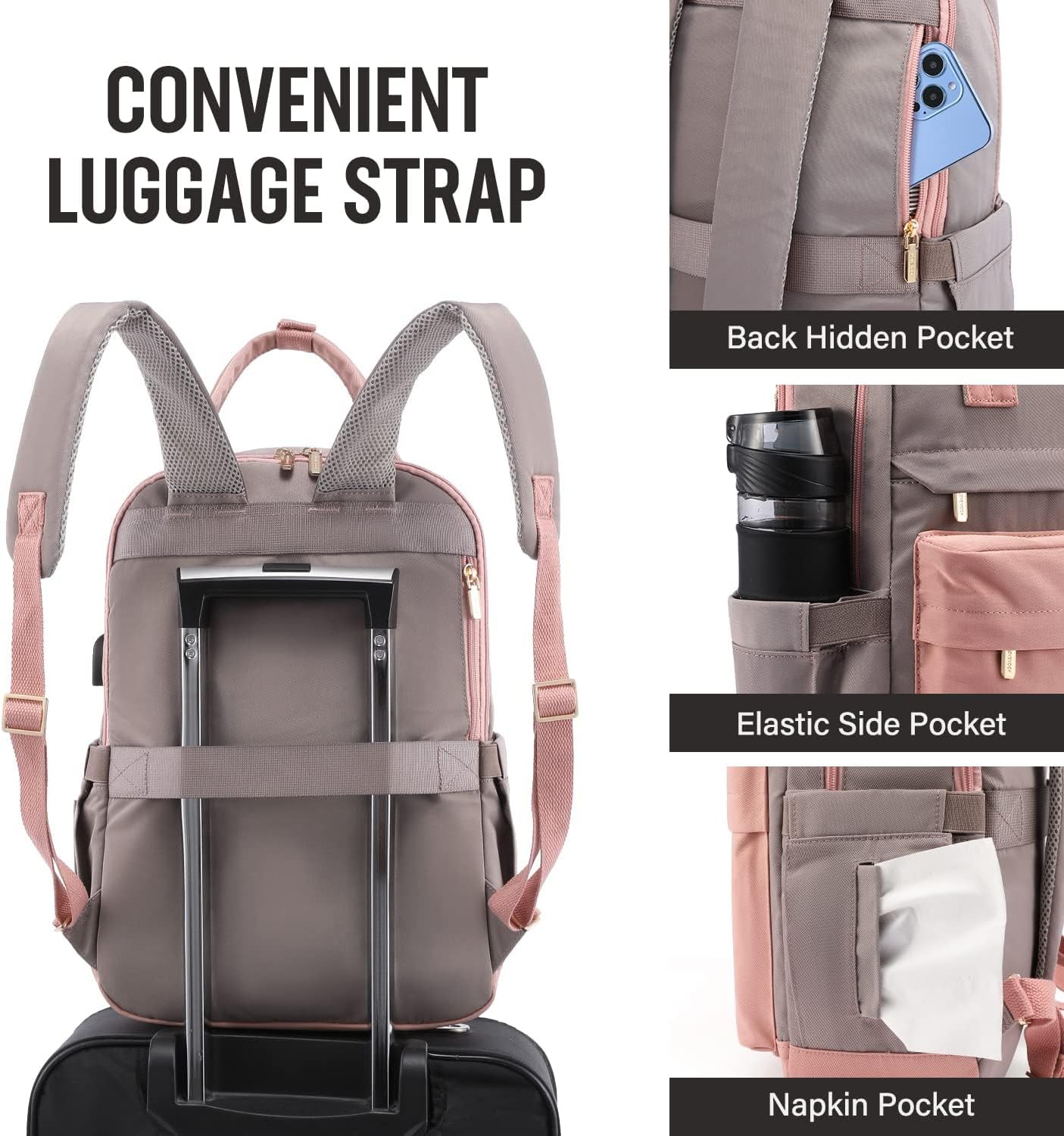 Detalle de LOVEVOOK Women's 15.6 Inch Laptop Backpack – Water-Resistant, USB Port, Grey & Pink
