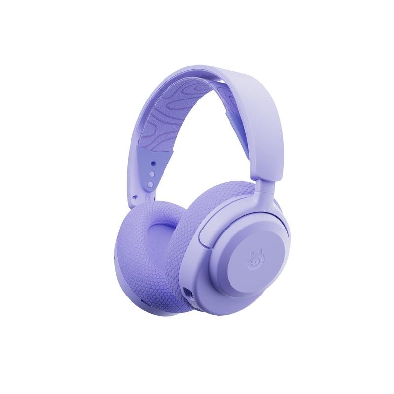 Detalle de SteelSeries Arctis Nova 3X: auriculares inalámbricos lavanda con sonido 360° y cancelación de ruido