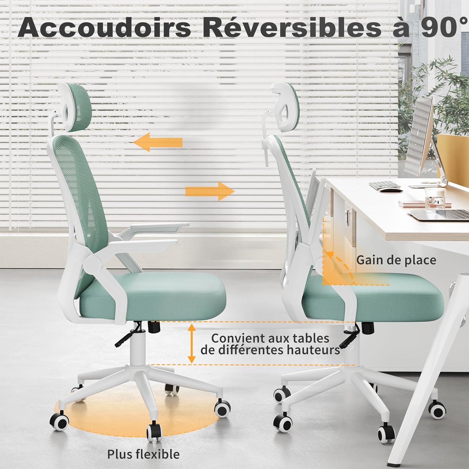 Thumbnail 5 de naspaluro Chaise de bureau ergonomique à accoudoirs rabattables, appui-tête réversible et dossier soutien lombaire