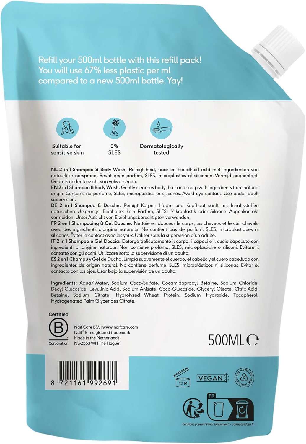 Thumbnail 1 de Naïf Shampoo e Docciaschiuma 2 in 1 per Neonati e Bambini – Formato Ricarica 500 ml, 0% Profumo, senza SLES né microplastiche