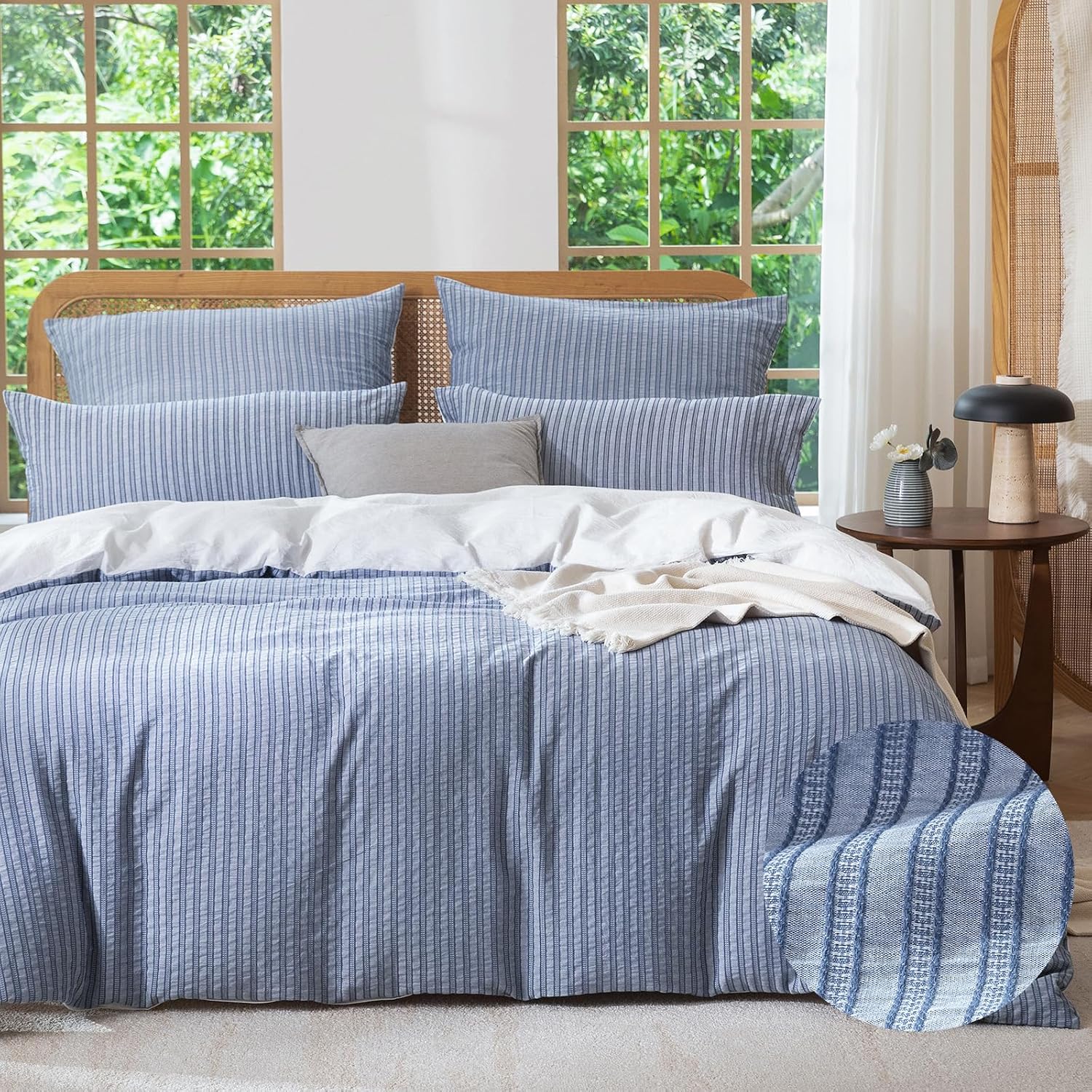 Detalle de SOULFUL Kissenbezüge 40x80 aus Baumwolle – gestreift, Jacquard, Denim Blau