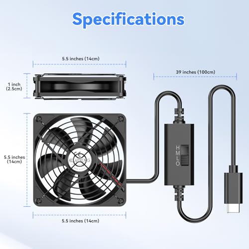 Detalle de ELUTENG 140mm USB-C Fan: 3-Speed Portable Cooling for Small Form Factors