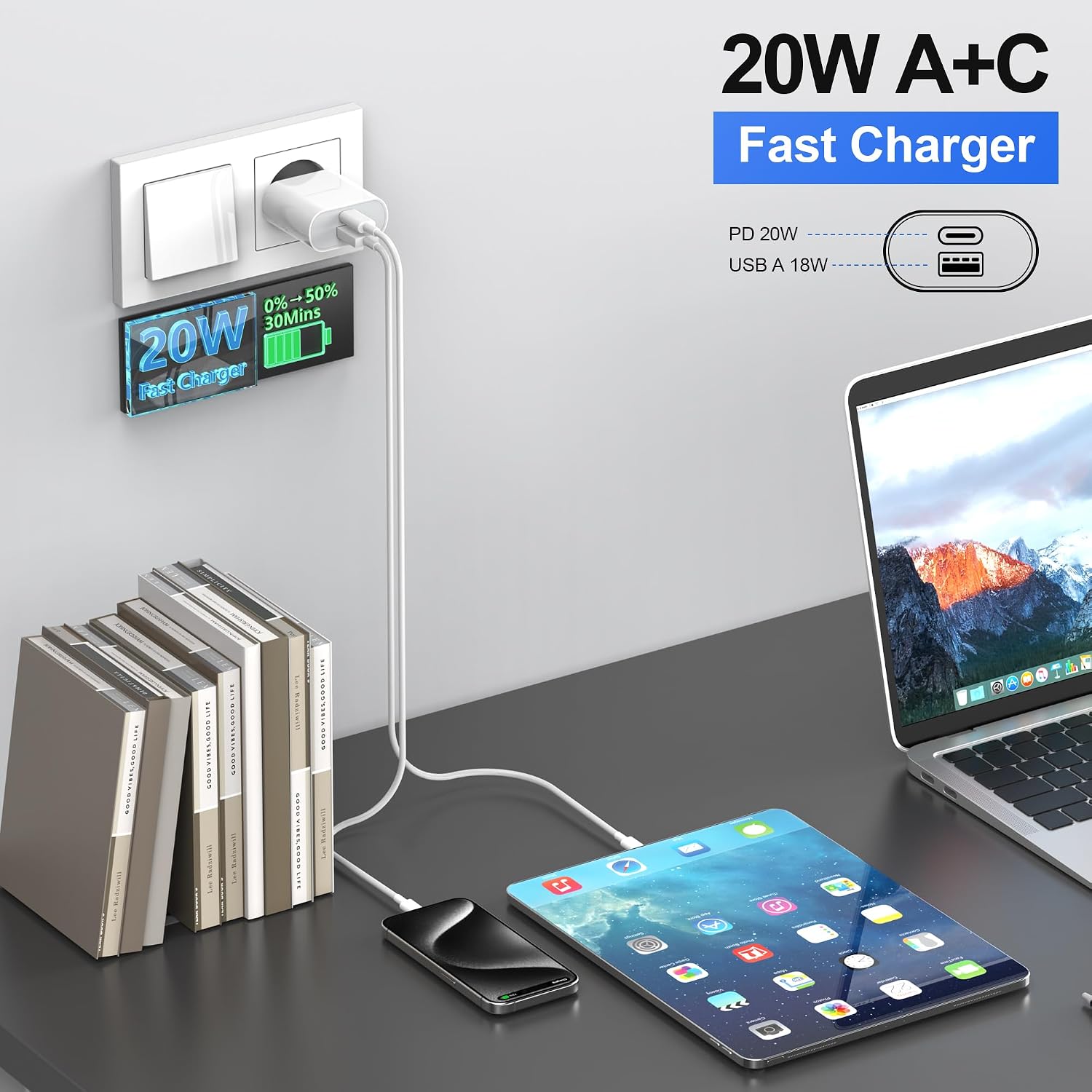 Detalle de Moscsaz USB-C Ladegerät 20W mit 2-in-1-Design: USB-C + USB-A für iPhone, Android und mehr