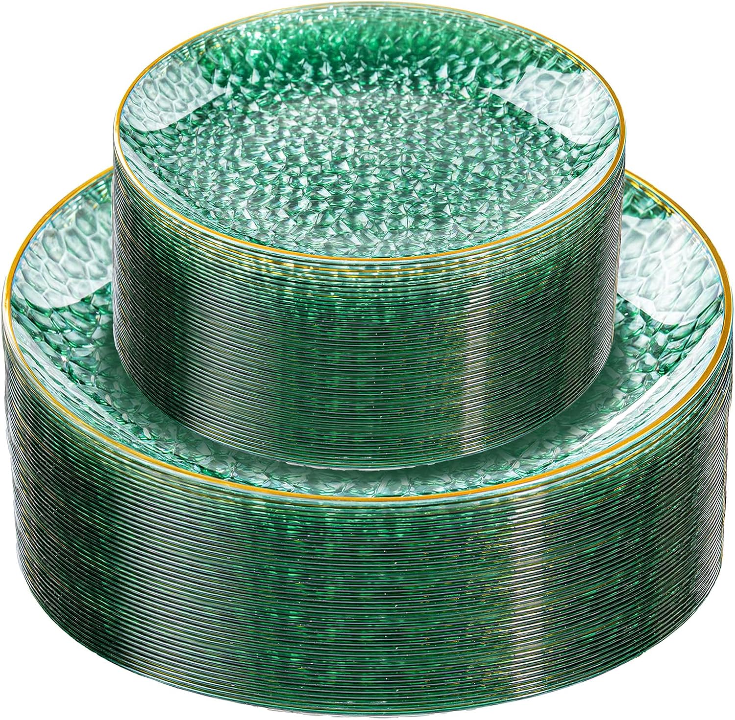 Rubtlamp BLPGG 60-Piece Green Plastic Plates with Hammered Gold Rim