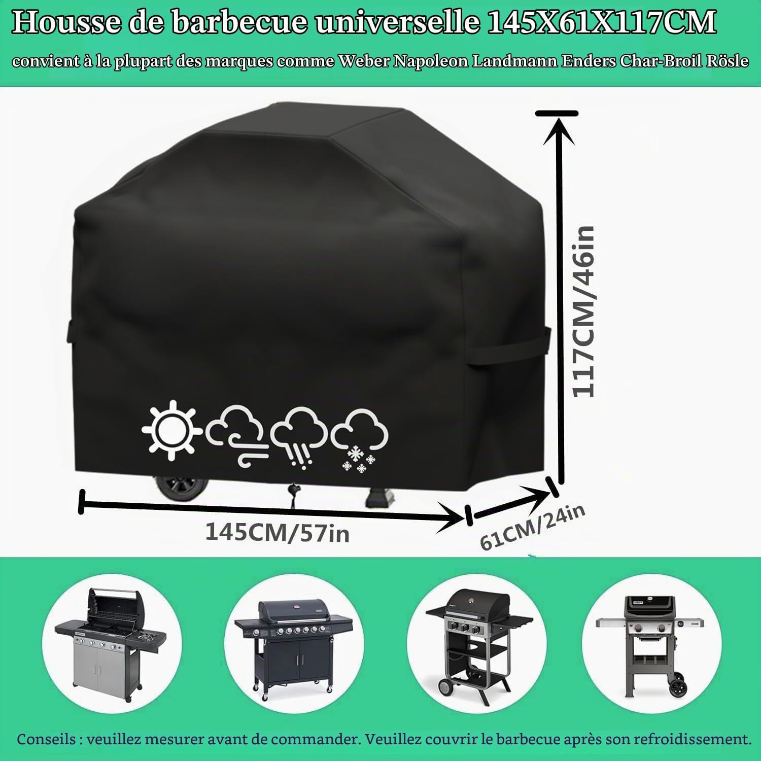 Detalle de Housse Barbecue Exterieur Jemkgeik 145x61x117 cm – Couverture de Grill Oxford 210D, Anti-UV, Étanche, avec Sac