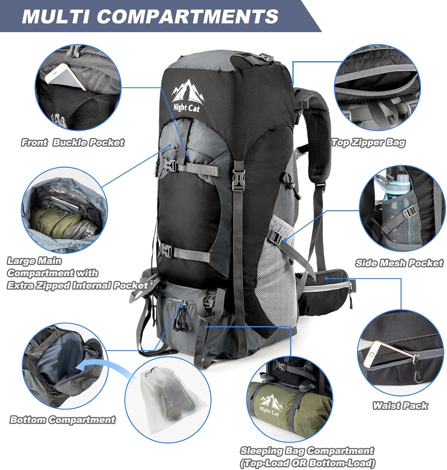 Detalle 2 de Night Cat zaino da trekking 70L per escursionismo e viaggio
