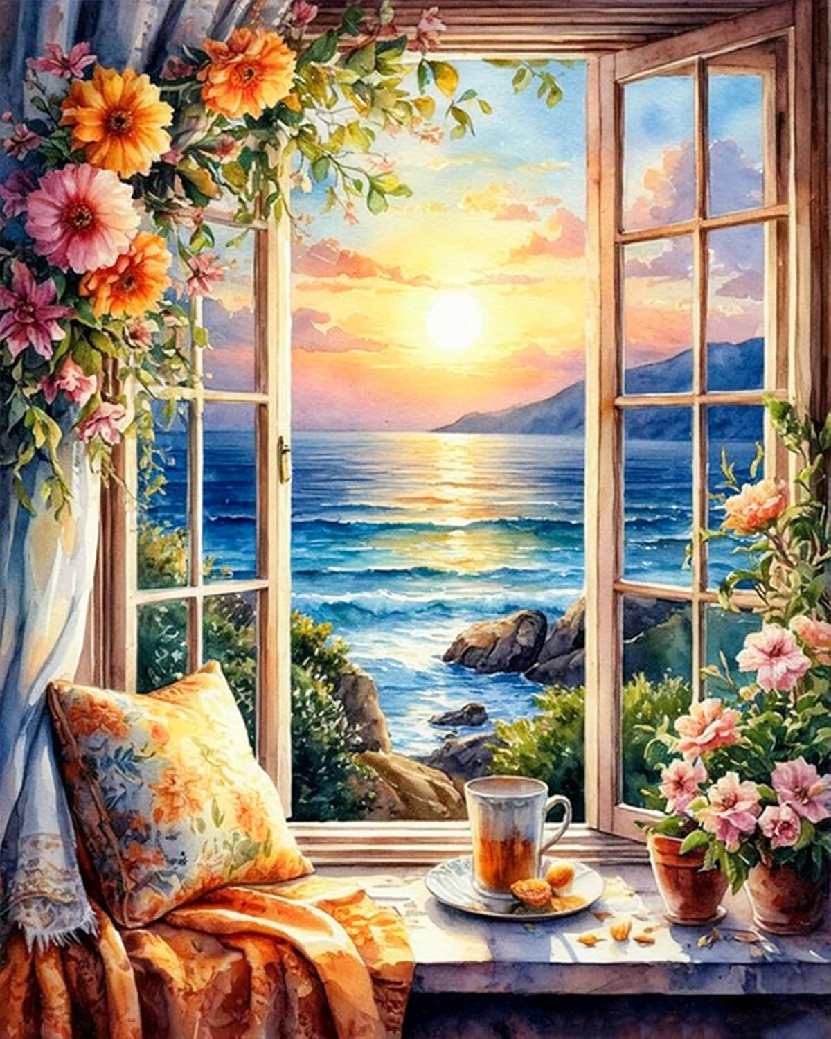 Detalle de OkarinaArt Malen nach Zahlen Erwachsene Fensterlandschaft (40 x 50 cm) – Acrylfarben-Set mit Pinseln