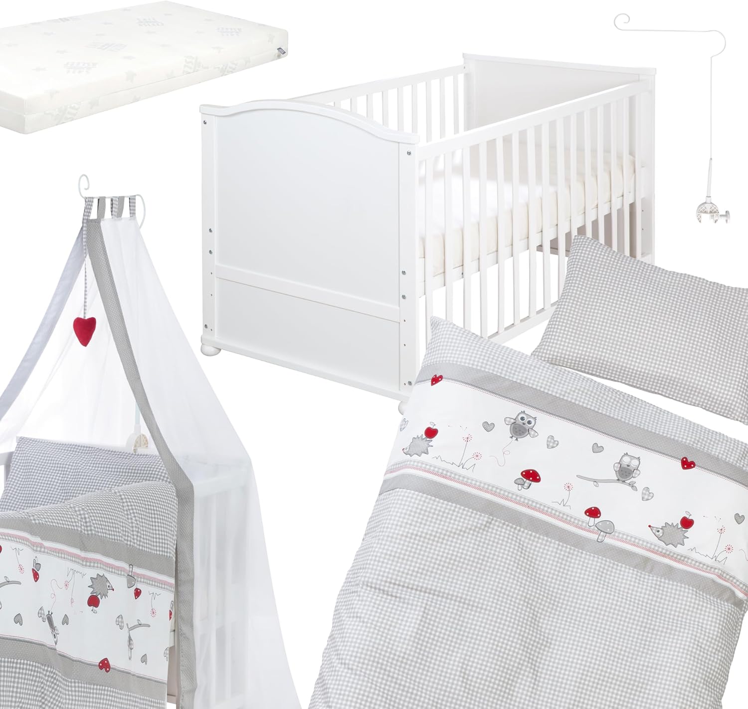 Detalle de roba Lettino Completo Adam e Eule 70x140 cm - Bianco con baldacchino, federa, copripiumino e materasso, trasformabile in letto junior