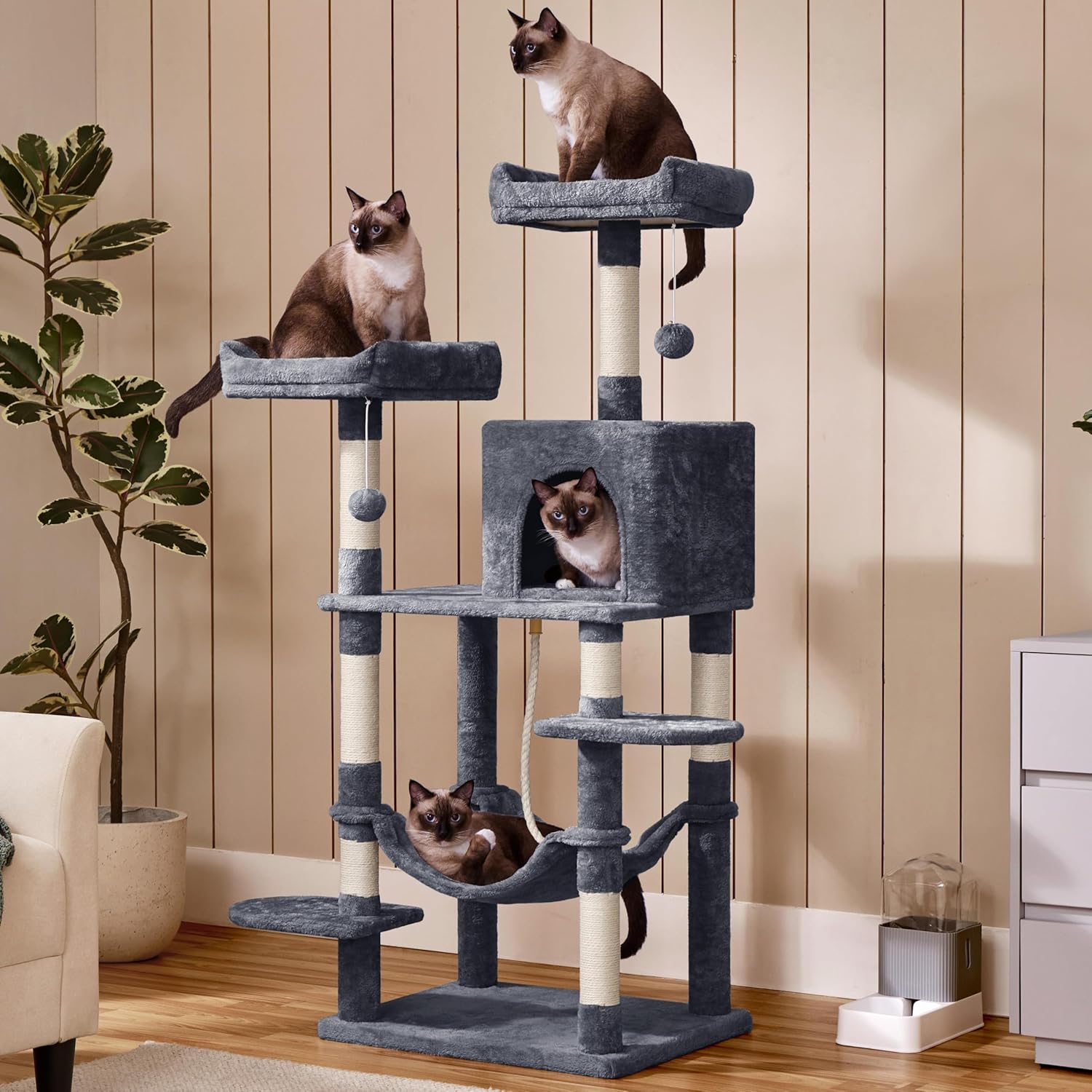 Thumbnail 1 de Yaheetech 150cm Large Cat Tree Tower with Condos, Hammock and Sisal Posts for Indoor Cats