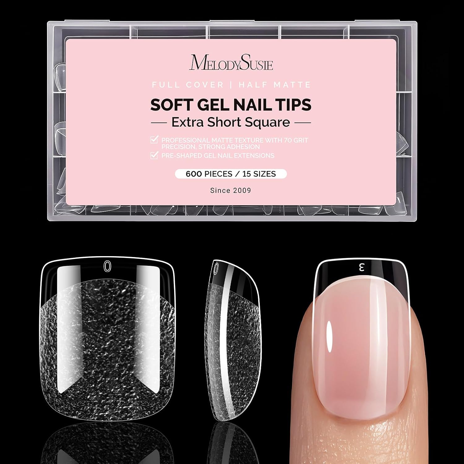 Detalle de MelodySusie Extra Short Square X Nail Tips (600 Pcs, 15 Sizes) Clear Pre-Shaped Press-On Tips for DIY Extensions & Salon Use