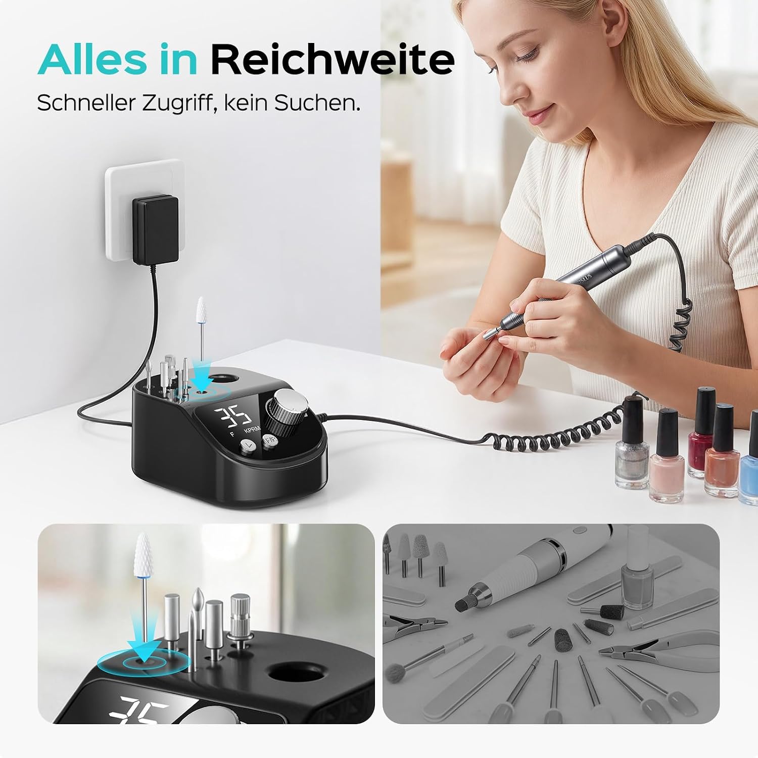 Detalle de COSLUS E50 Nagelfräser Professionell Set – 35.000 U/min, LCD-Anzeige, 6 Bits, 31 Schleifbänder