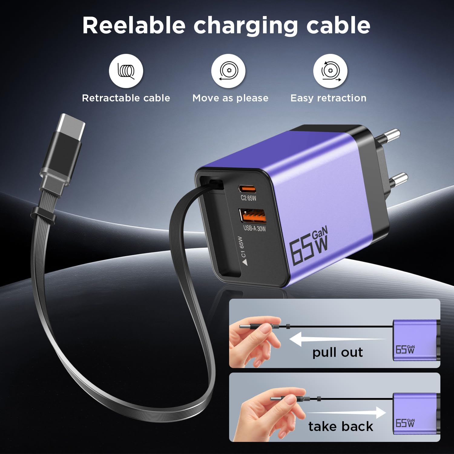 Detalle de USB-C Ladegerät 65W mit Einziehbarem Kabel – GaN, 3-Port, kompakt und sicher