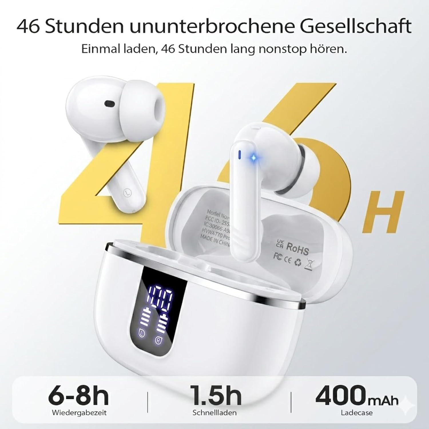 Detalle de W70 Pro In-Ear Bluetooth Kopfhörer – 46 Stunden Akku, IPX7, 4 Mikro ENC, HiFi-Sound