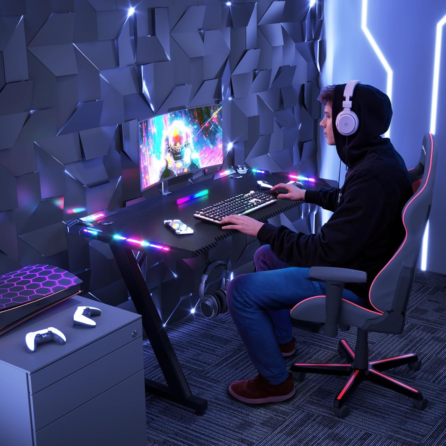 Thumbnail 1 de JUMMICO 120 x 60 cm Gaming Desk with LED Lights – Sturdy Carbon Fibre Surface, Headphone Hook & Cable Management