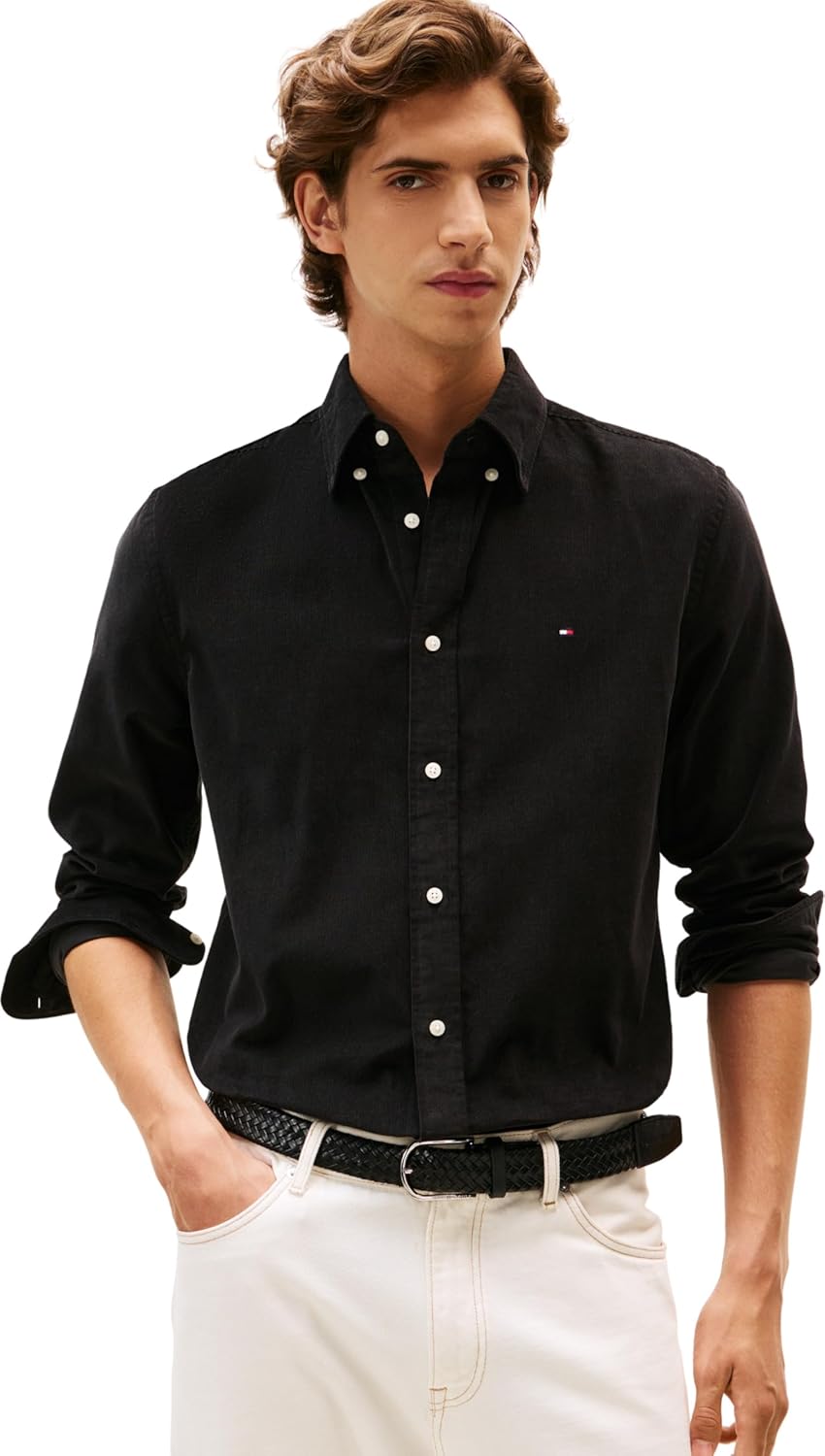 Detalle de Tommy Hilfiger Men’s Solid Corduroy Regular Fit Shirt with Button-Down Collar