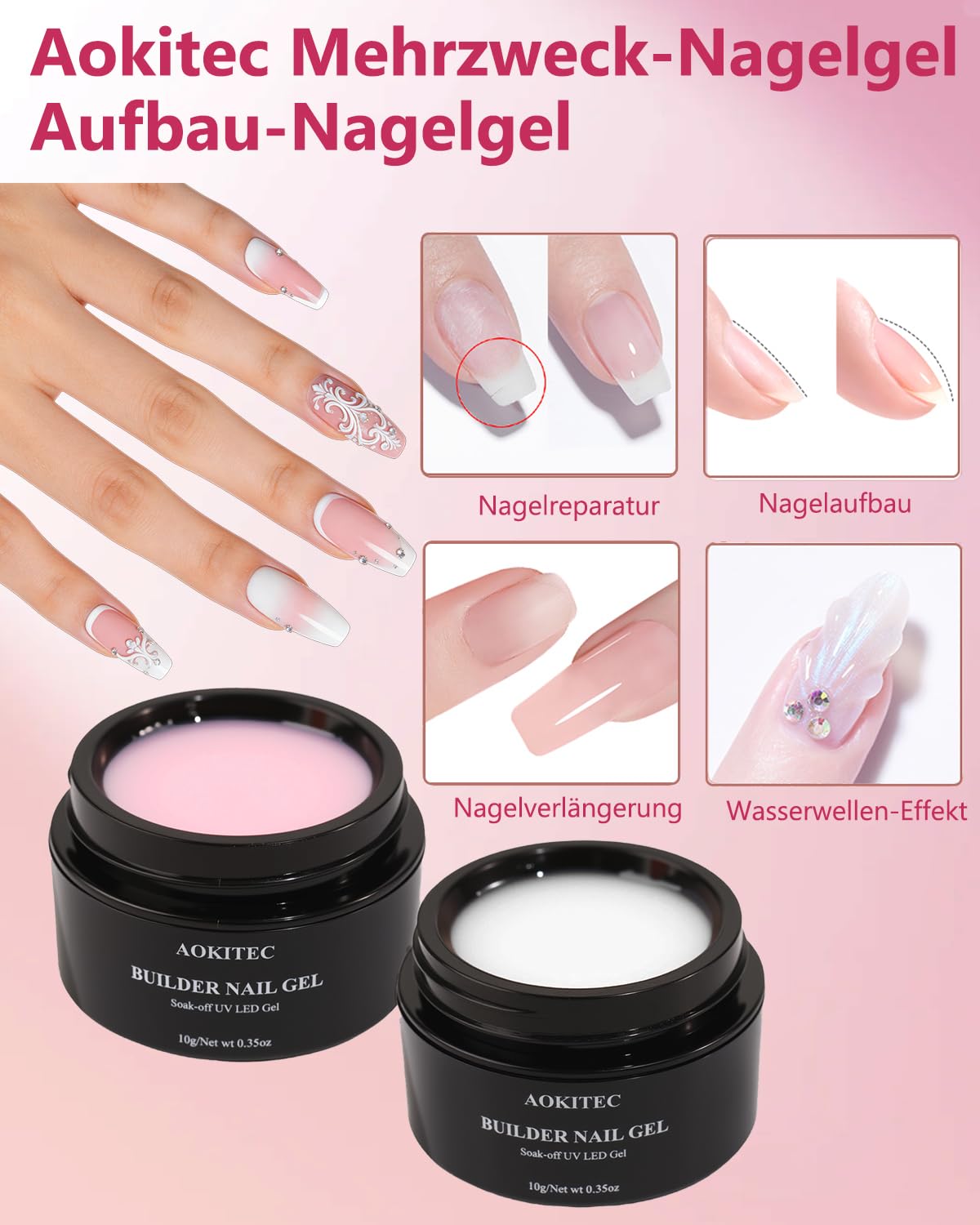 Thumbnail 1 de Aokitec Aufbaugel-Set für Gelnägel (No File Builder Gel), 2 Farben Weiß & Pink – selbstglättendes UV-Nagelgel