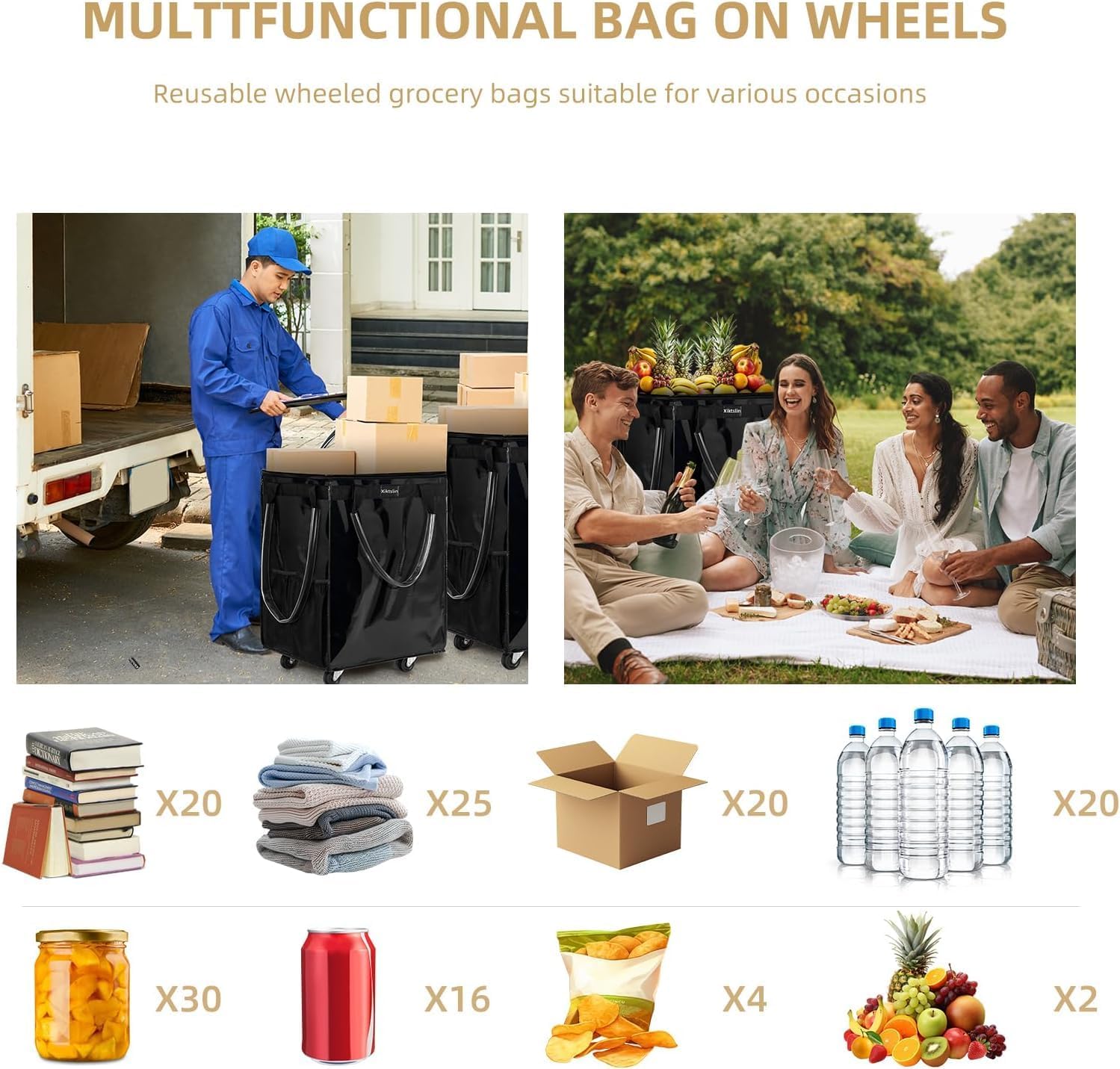 Detalle de (Large, Black) Reusable Rolling Grocery Bag on 5 Wheels with Zipper, 72L Foldable Tote