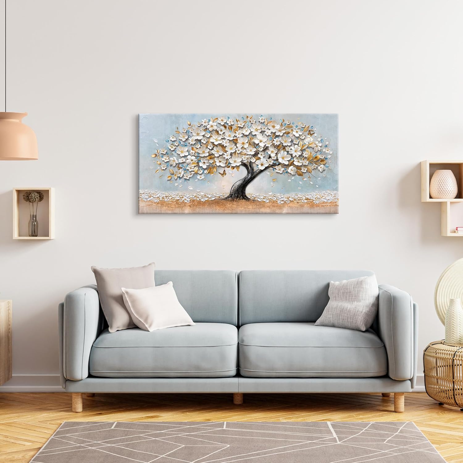 Thumbnail 4 de Großes Leinwandbild mit Rahmen „Weiß Gold Floral Blüte & Kirschbaum“, 100x50 cm – fertig zum Aufhängen