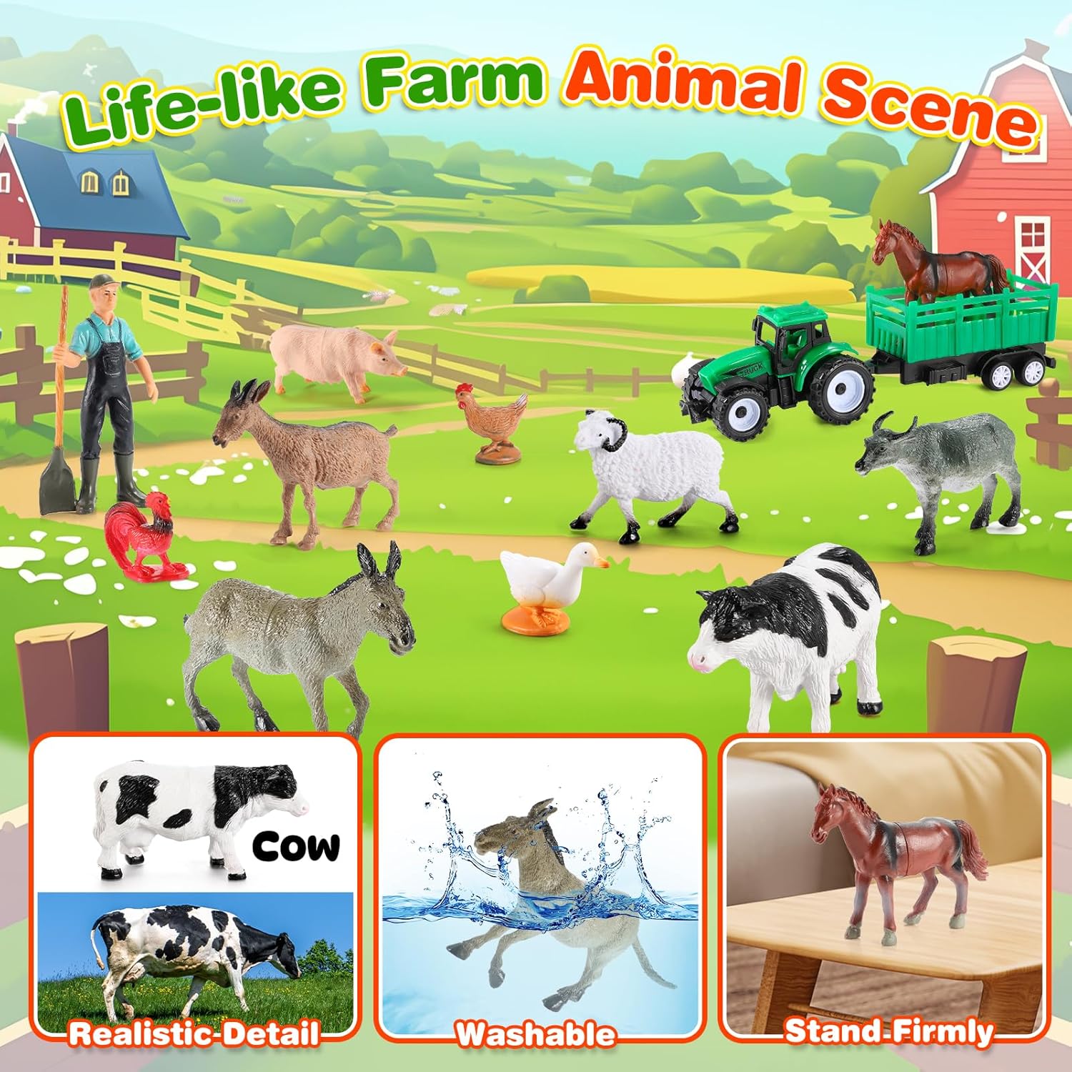 Detalle 2 de HappyKidsClub Farm Animal Toys – Montessori Barn Playset for 1–4 Year Olds
