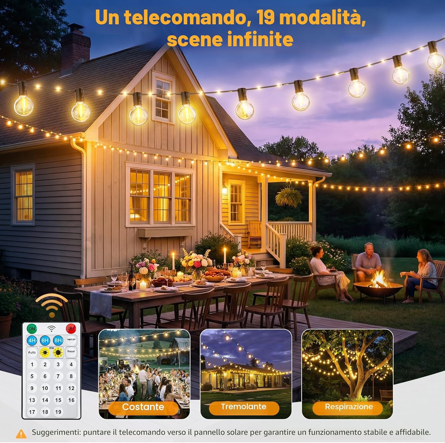 Detalle 2 de Catena Luminosa Solare per Esterno 12 M - 14+1 G40 LED, 19 Modalità, IP44, USB, Telecomando