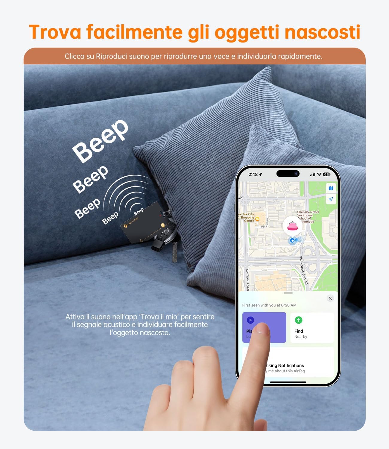 Detalle 2 de NOVOO Wallet Tracker Card con ricarica wireless: localizzatore Bluetooth per iPhone (solo iOS) con Apple Find My