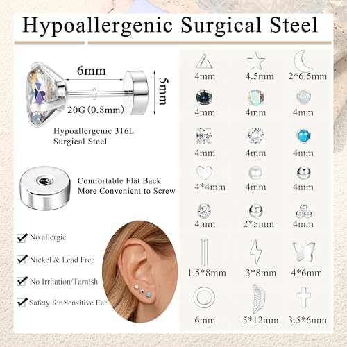 Thumbnail 3 de Diamday 21 Pairs Flat Back Earrings Set: Hypoallergenic Surgical Steel Studs for Everyday Wear