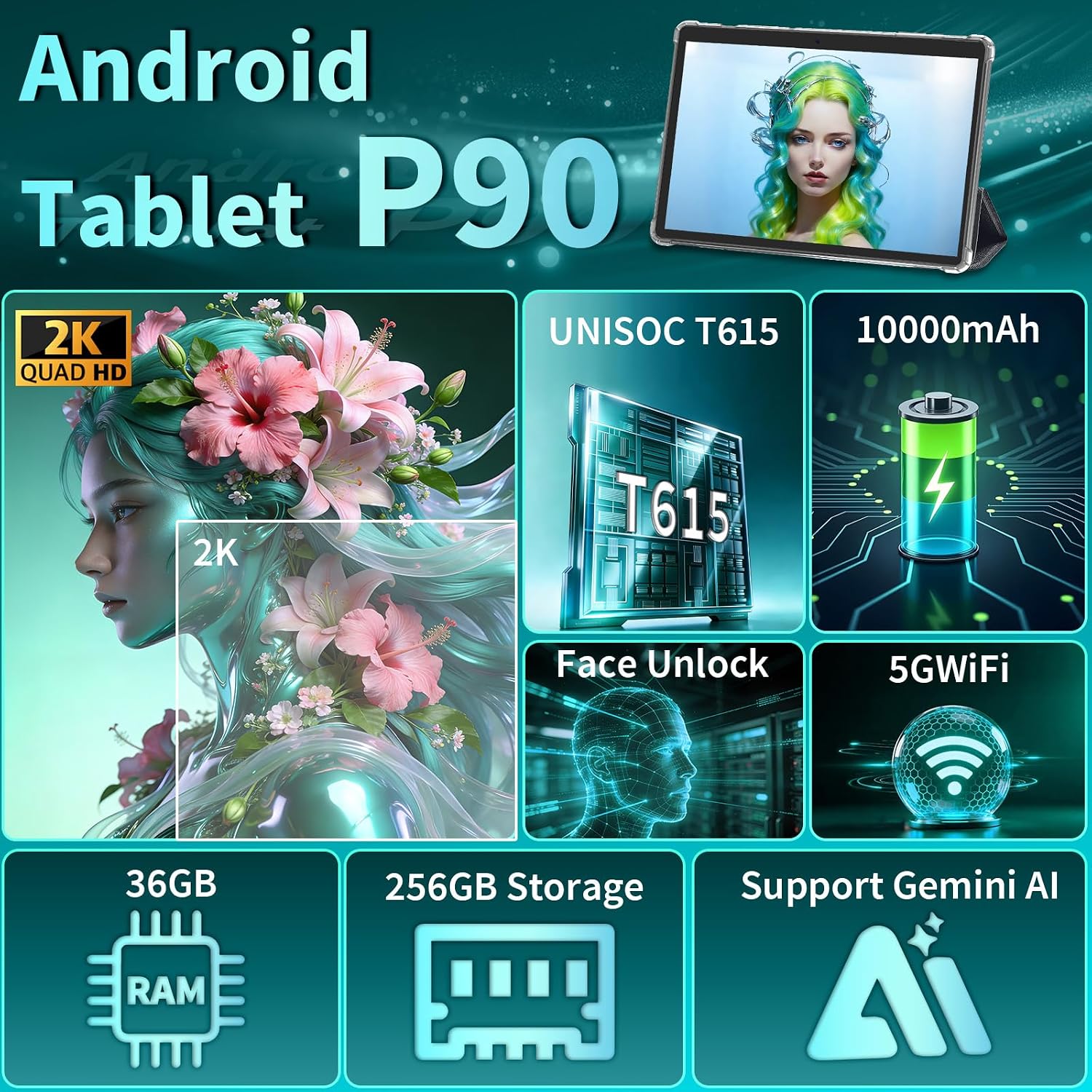 Detalle de JJGJ P90 13.4-Inch Android 16 Tablet with 2K IPS Display and Keyboard Bundle