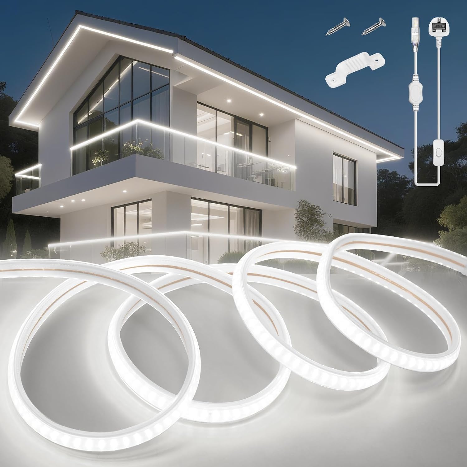 Detalle de KSIBNW 10M LED Strip Light – Waterproof Outdoor Neon Rope Light, 220–240V, Cool White