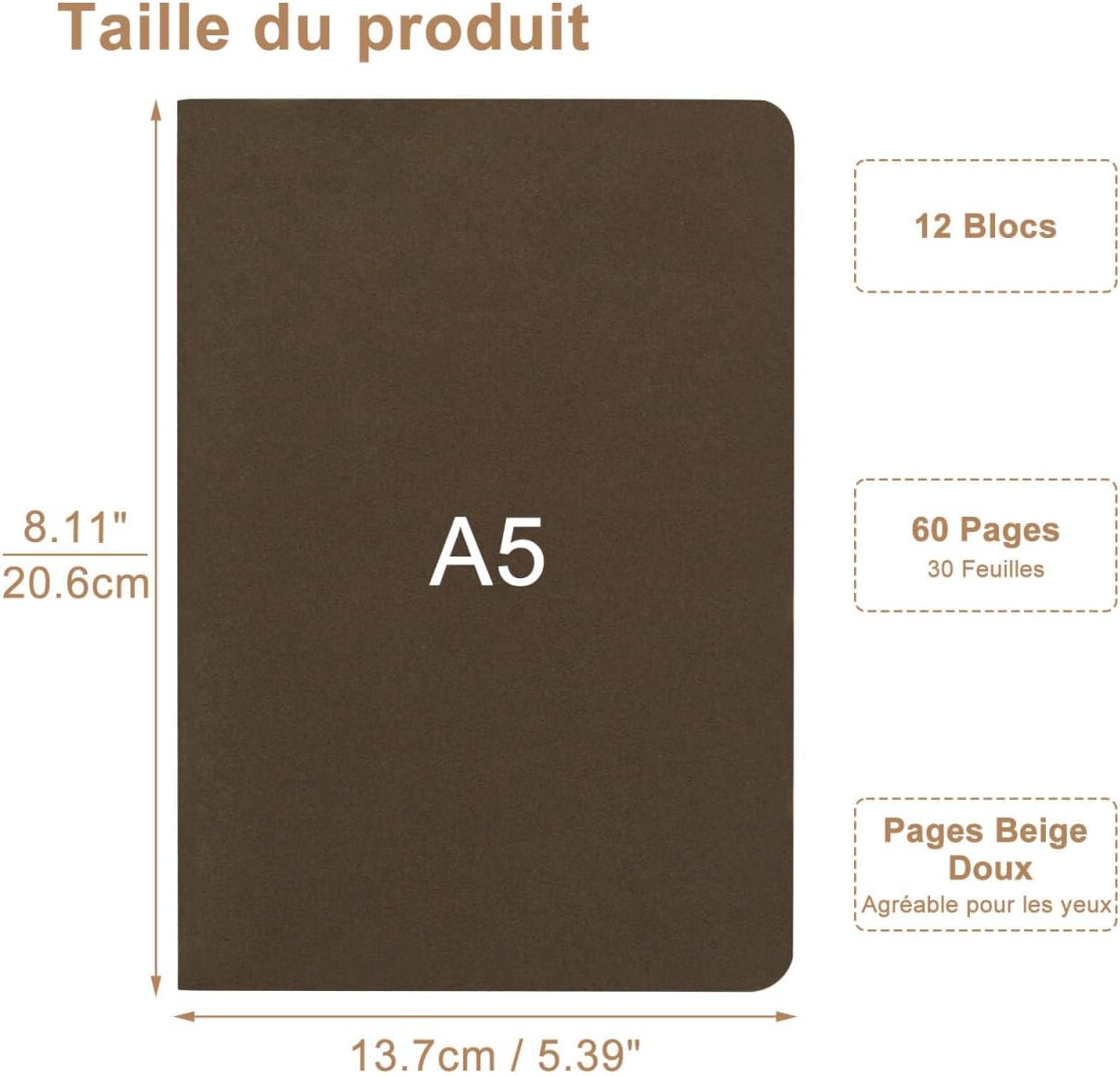 Thumbnail 1 de ZCZN A5 Cahiers Lignés - Lot de 12 blocs kraft brun, 60 pages chacun