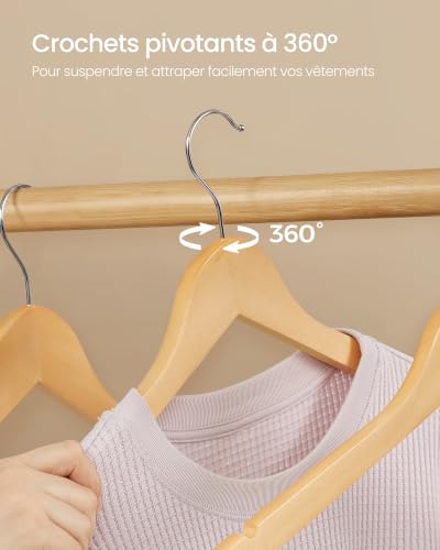Detalle de SONGMICS Cintres en bois massif, Lot de 20 avec encoches antiglisse et crochets pivotants