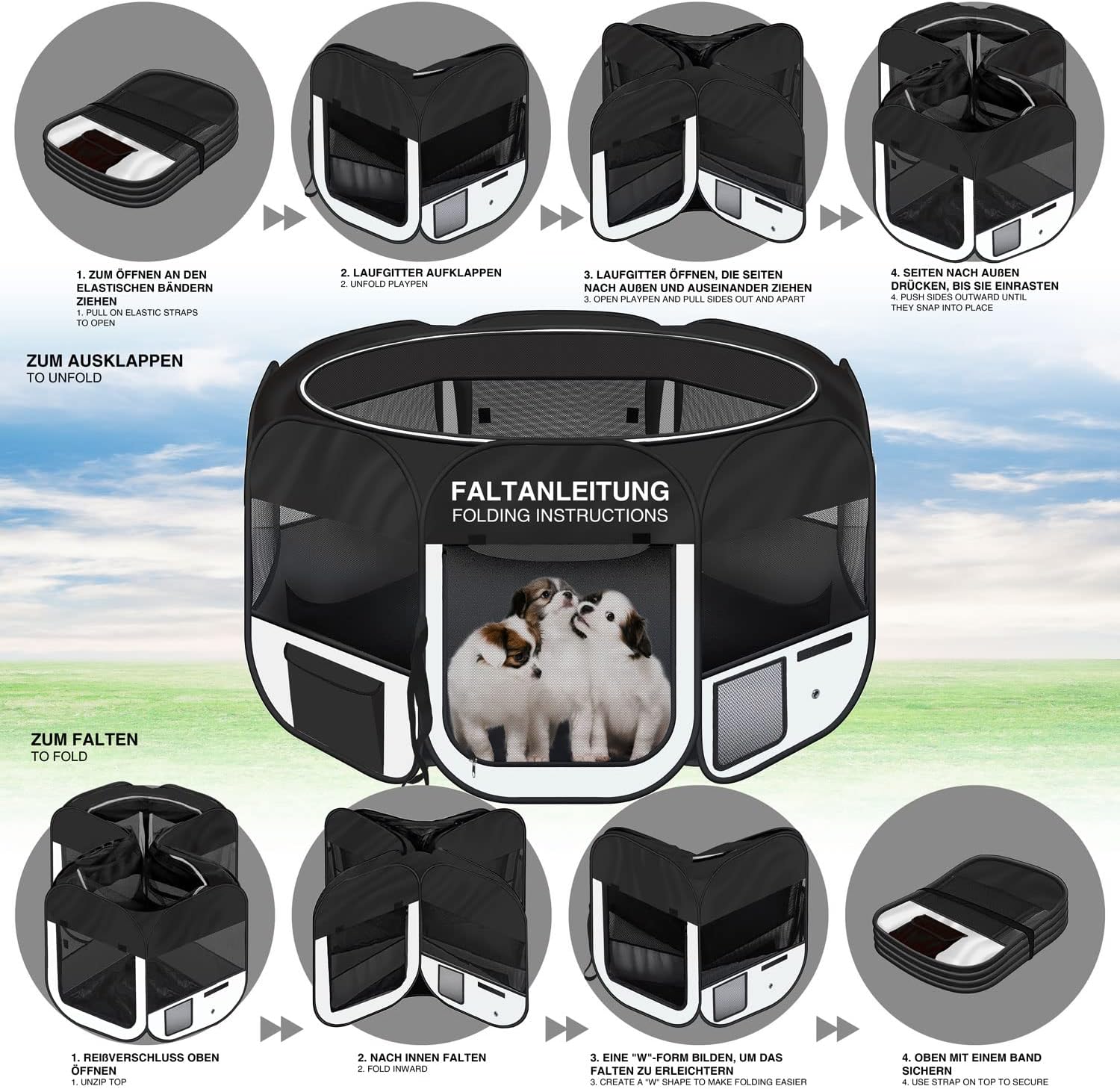 Thumbnail 1 de all Pets United Welpen-Laufstall / Tierlaufstall XXL für drinnen & draußen (Schwarz-Beige)