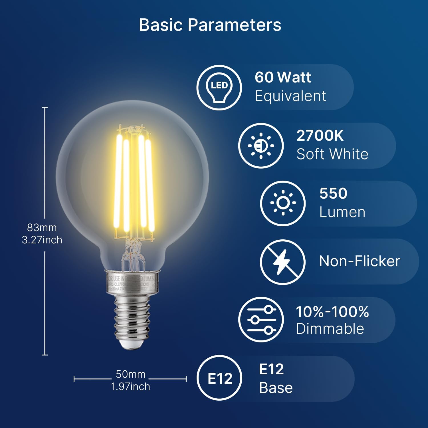 Thumbnail 1 de FLSNT G16.5-E12-12-5.5W LED Globe Bulbs, Dimmable, 2700K Soft White, 12-Pack