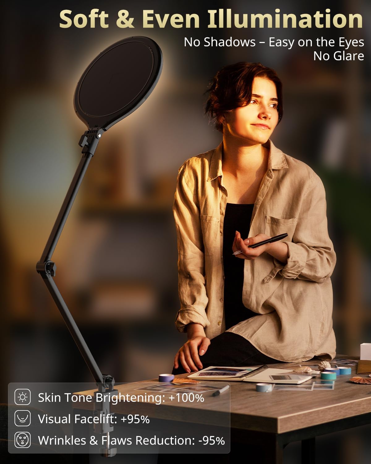 Detalle de UBeesize 10" Key Light for Streaming — Desk Ring Light with Adjustable Arm