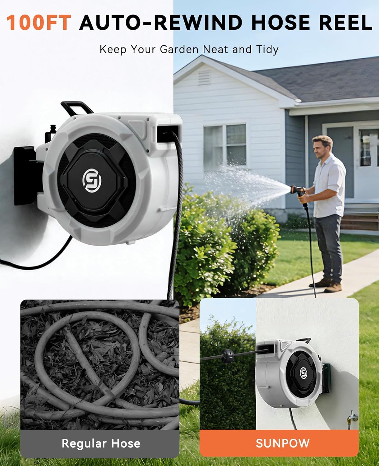Detalle de SUNPOW Retractable Garden Hose Reel, 1/2 in x 100 ft, 10-Pattern Nozzle