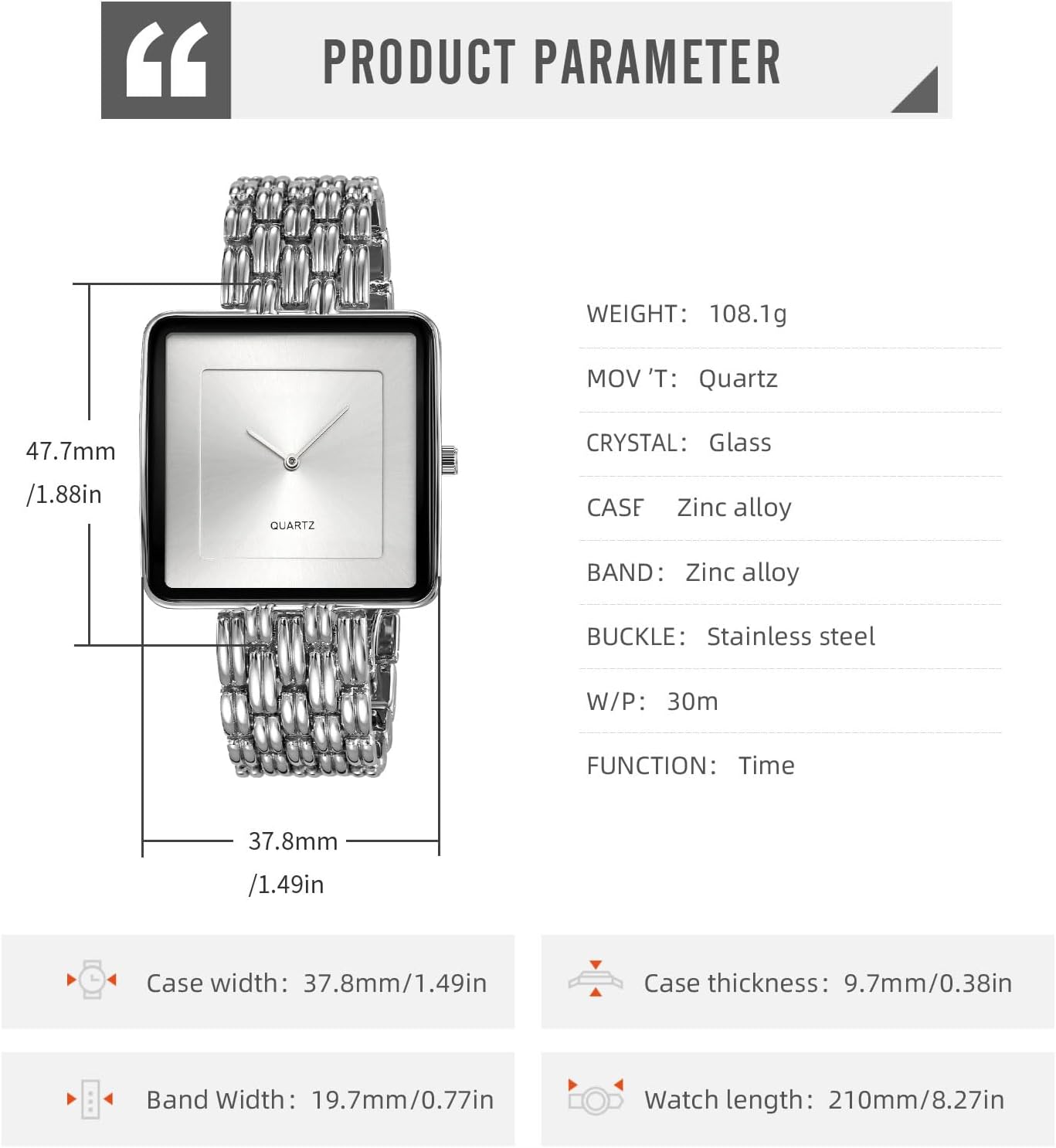 Thumbnail 6 de findtime Quadratische Armbanduhr – Unisex, analoges Quarzwerk, 3 ATM Wasserdicht