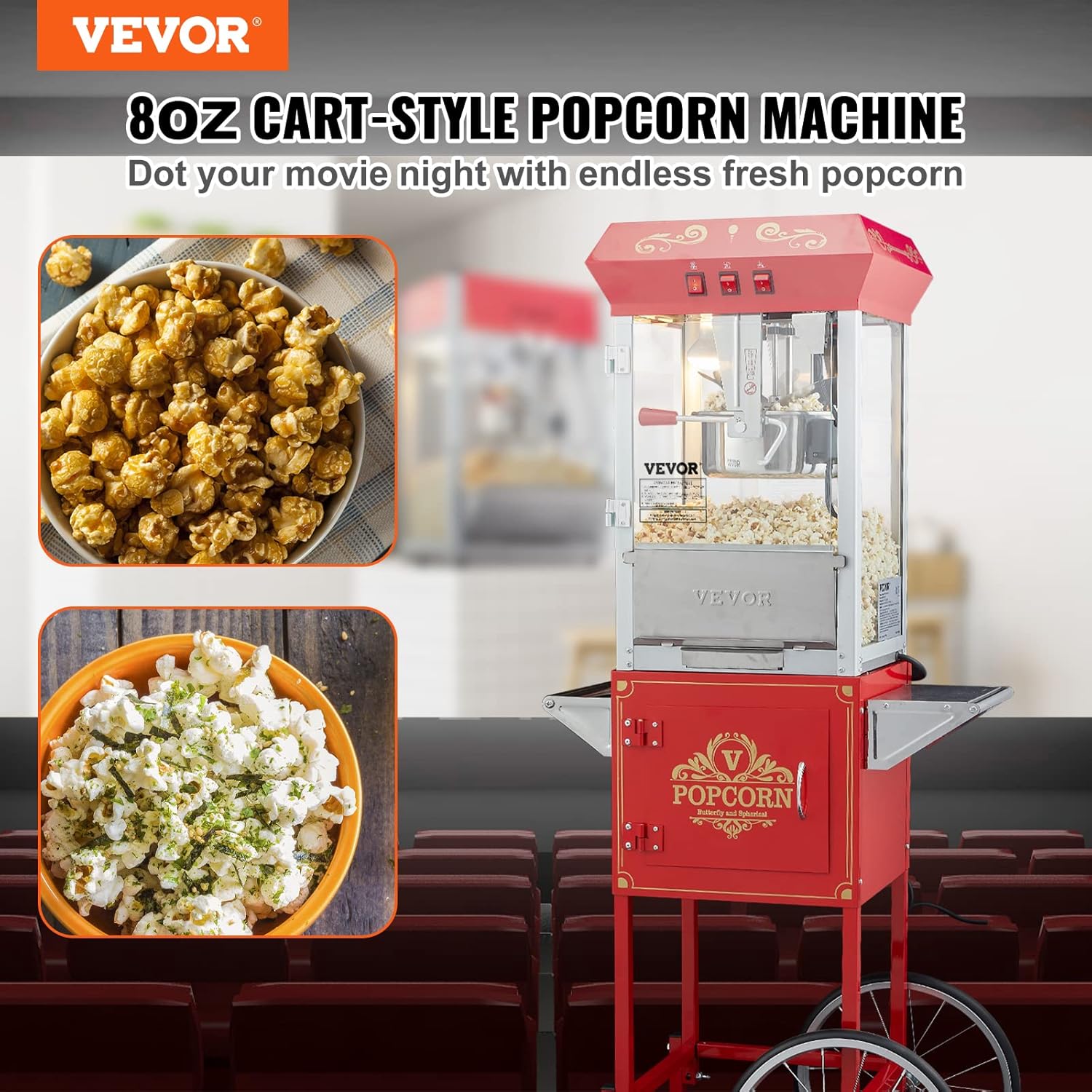 Detalle de VEVOR Machine à Pop Corn avec Chariot – Électrique 850 W, Grand Bol 227 g, 48 Tasses, Verre Trempé, ROUGE